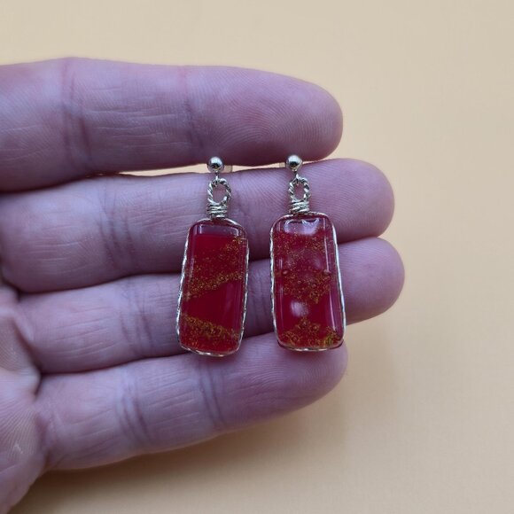 Jewelry - Sterling Silver Handmade Red Glass Dangle Earrings A5234
